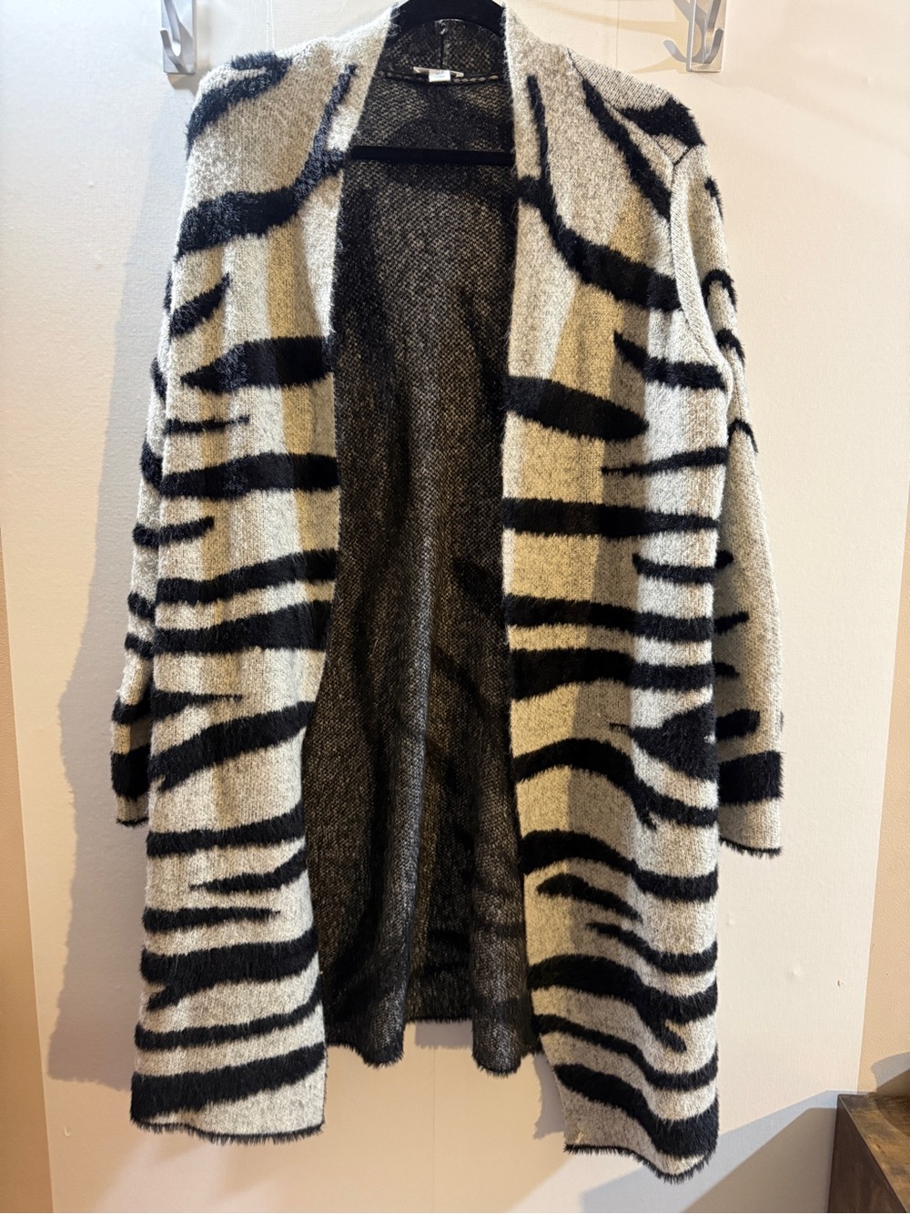 Tribal Jeans Zebra Print Long Open Front Cardigan Black Grey Size S